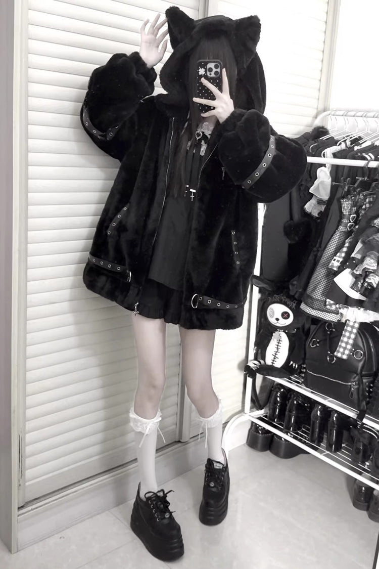 [Night Hunter] Cat Ear Long Sleeves Hooded Zippered Jirai Kei Coat 2 Colors - Product - 5