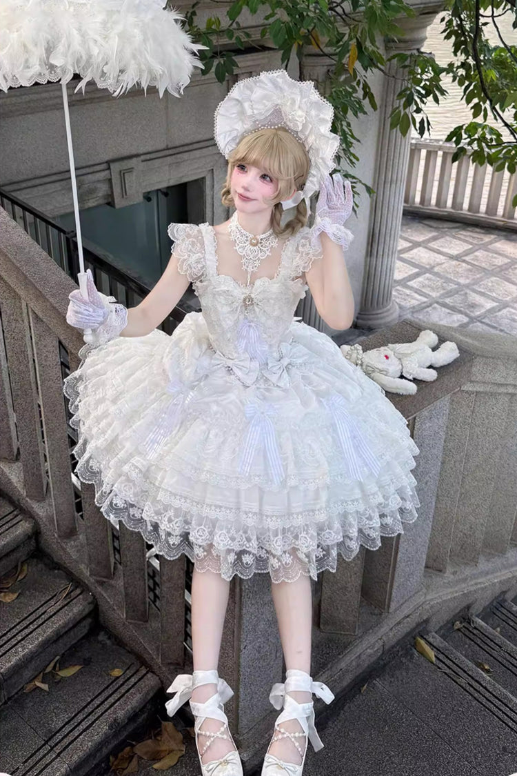 White [Moonlit Sakura Ode] Sleeveless Multi-Layered Ruffled Bow Lace Sweet Lolita Dress - Product - 7