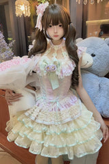 Purple [Flower Language of Eros] Halterneck Multi-Layered Ruffle Bowknot Rose Lace Lace-Up Sweet Ballet Lolita Jsk Dress - Product - 7