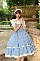 Blue Print Ruffle Stitching Lace Sweet Lolita Strap Dress Set - Product - 6
