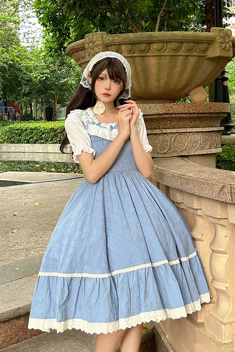 Blue Print Ruffle Stitching Lace Sweet Lolita Strap Dress Set - Product - 6