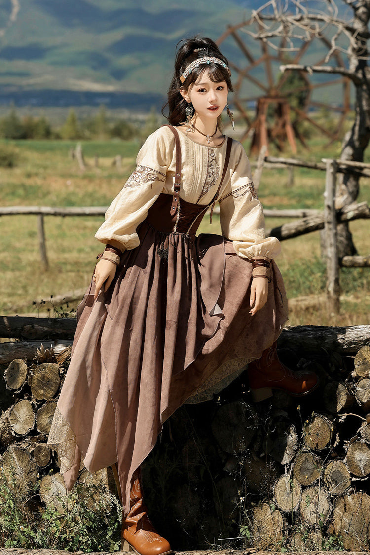 Brown [Sunset Yellow Sand] Print Irregular Asymmetric Classic Vintage Lolita Dress Set - Product - 10