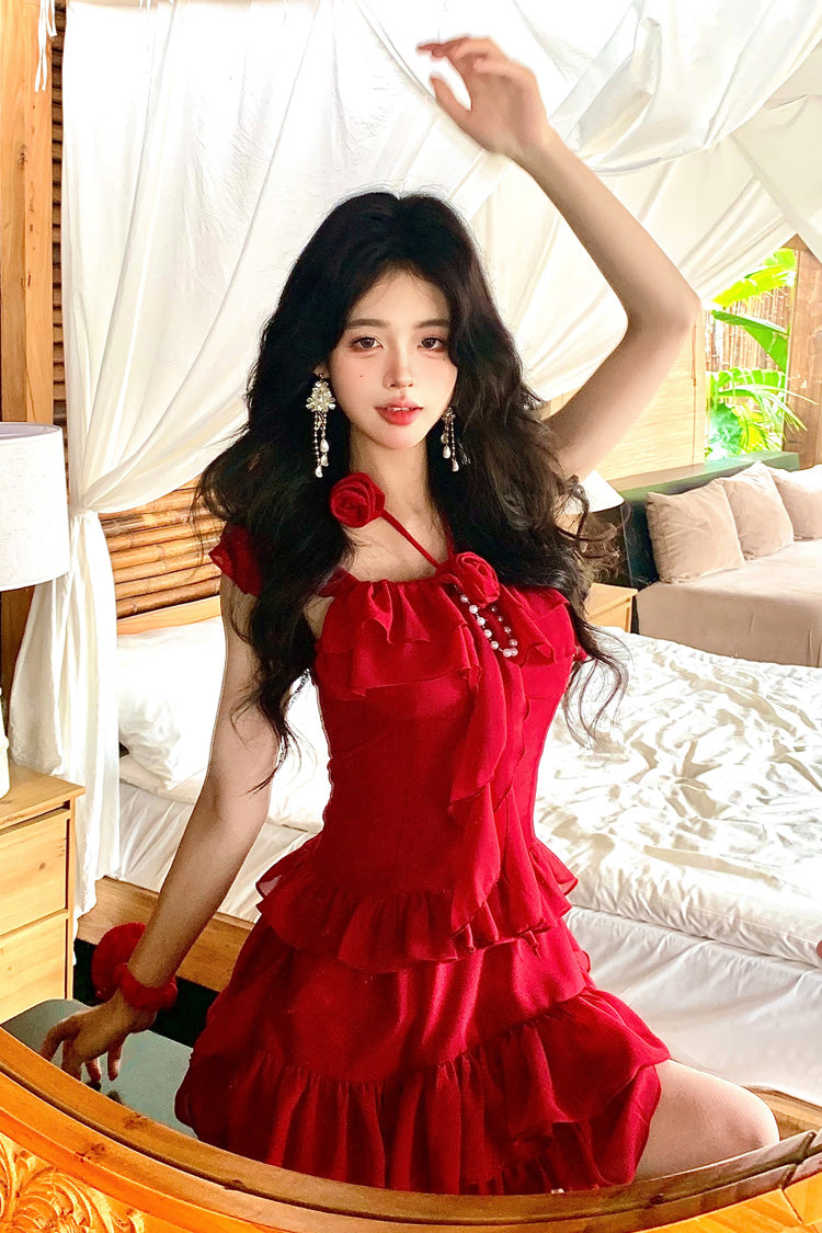Red [Summer Seaside] Short Sleeves Triple-Layered Ruffle Bowknot Irregular Holiday Style Sweet Lolita Dress - Product - 5