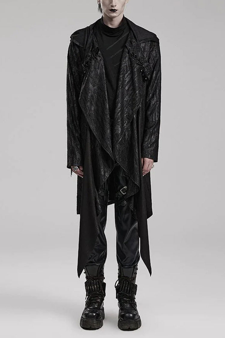 Black Long Sleeves Loose type Pleated Mens Steampunk Hooded Long Coat - Black - 1