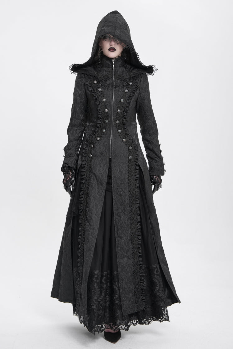 Black Stand Collar Long Sleeves Ruffle Hooded Women's Gothic Long Coat - Black - 1