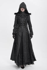 Black Stand Collar Long Sleeves Ruffle Hooded Women's Gothic Long Coat - Black - 1