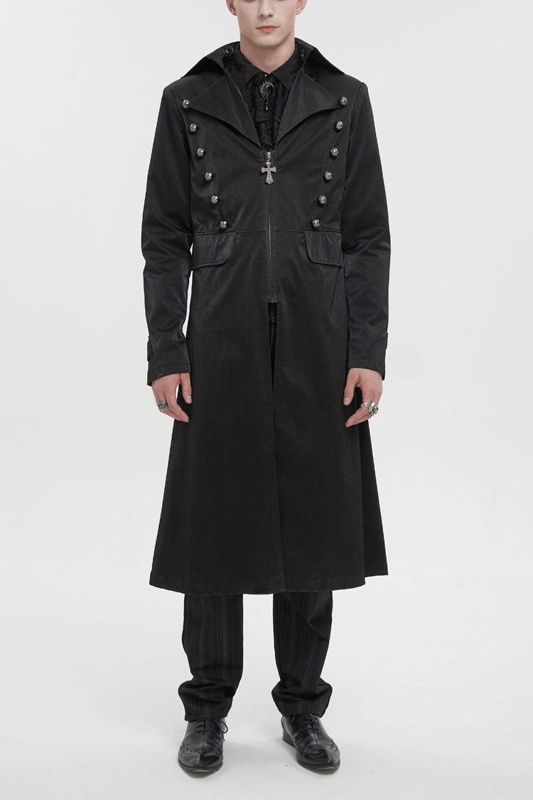 Black Lapel Collar Double Breasted Metal Cross Zip Men's Gothic Long Coat - Black - 1