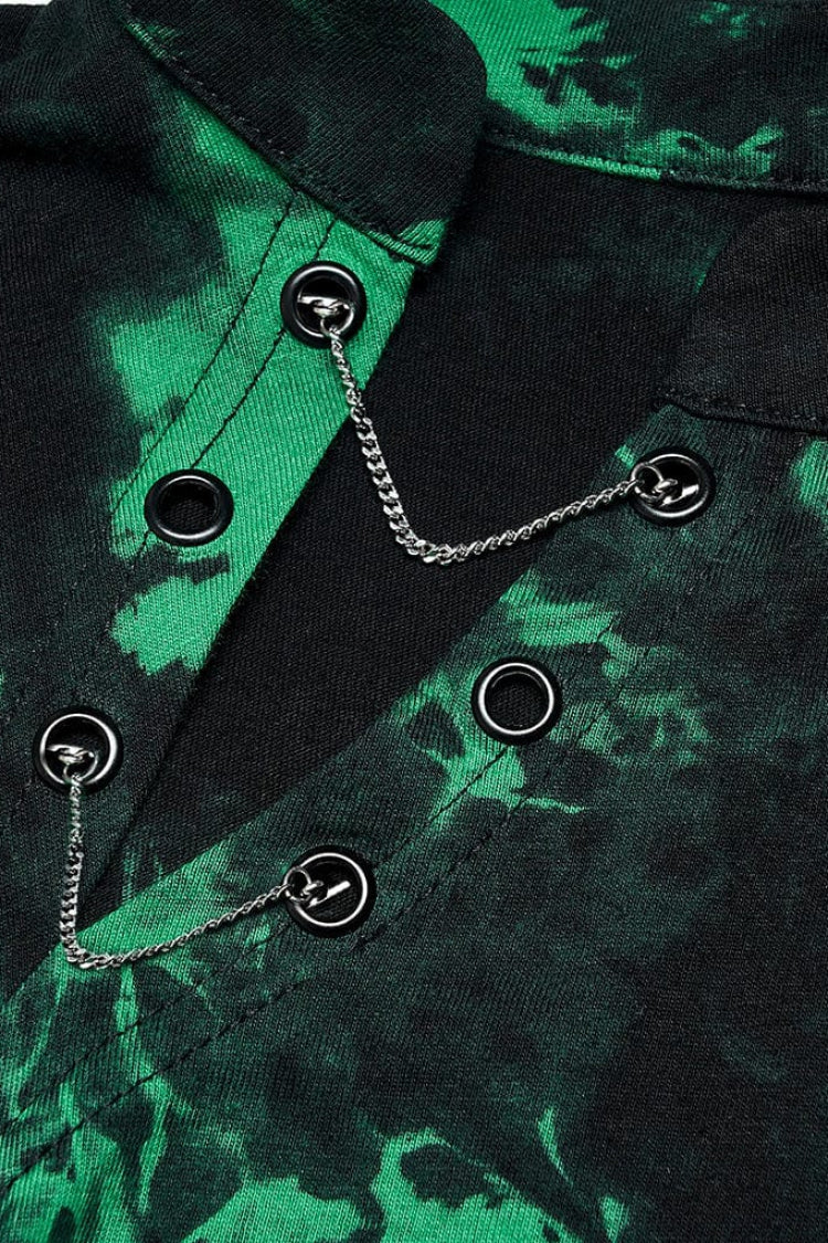 Green Short Sleeves Tie-dyed Metal Chain Women's Steampunk Short T-Shirt - Product - 6