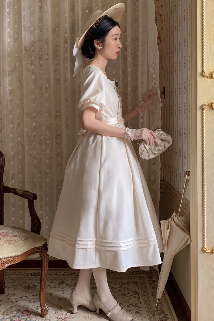 Apricot [Random Thoughts] Square Collar Short Sleeves Ruffle Classic Vintage Elegant Lolita Dress - Product - 2