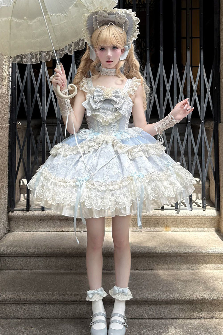 Blue [Blossoming Heart Love ] Sleeveless Dark Jacquard Print Bowknot Lace Sweet Lolita Jsk Dress - Product - 8