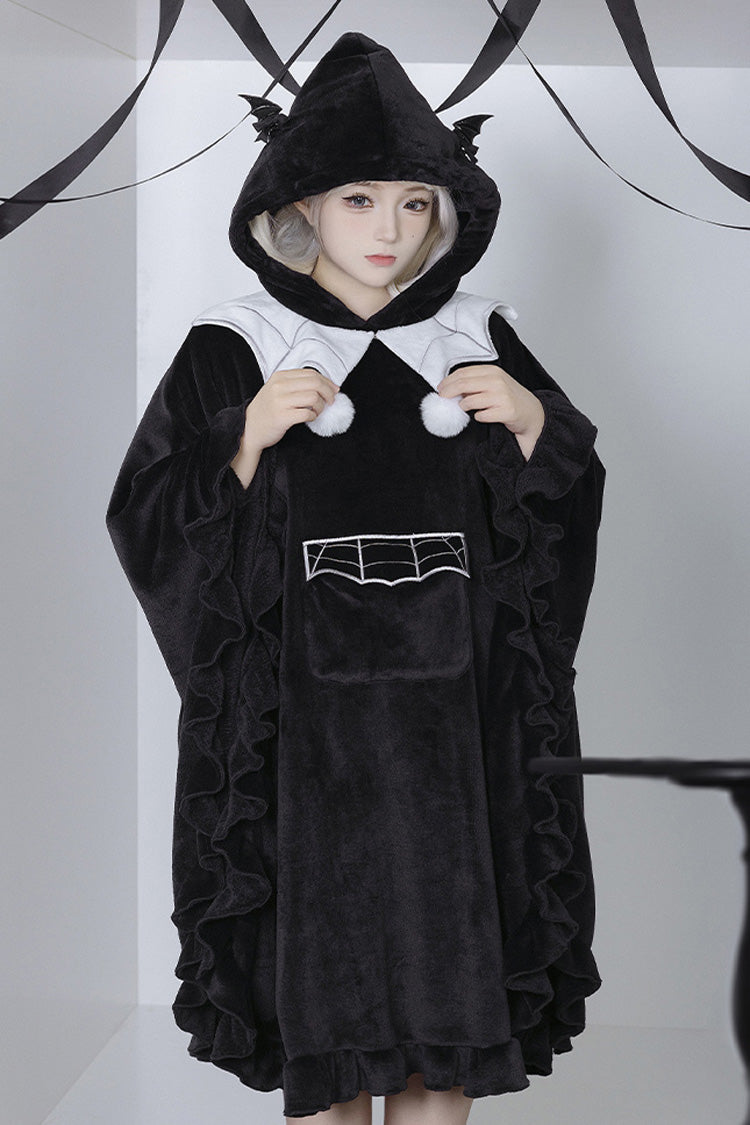 Black Bat Ruffle Hooded Sweet Lolita Coat Cloak - Black - 1