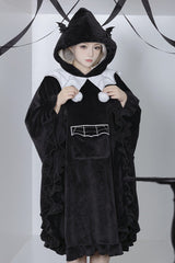Black Bat Ruffle Hooded Sweet Lolita Coat Cloak - Black - 1