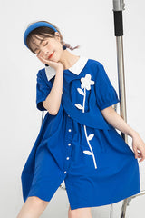 Blue Lapel Collar Short Sleeve High Waist Single Breasted Sweet Lolita Dress - Product - 5