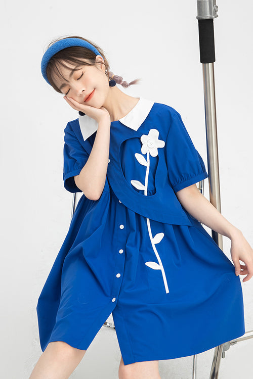Blue Lapel Collar Short Sleeve High Waist Single Breasted Sweet Lolita Dress - Product - 5