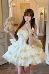 Apricot [Princess Ribbon] Off Shoulder Triple-Layered Ruffle Bowknot Sweet Lolita Dress - Product - 2