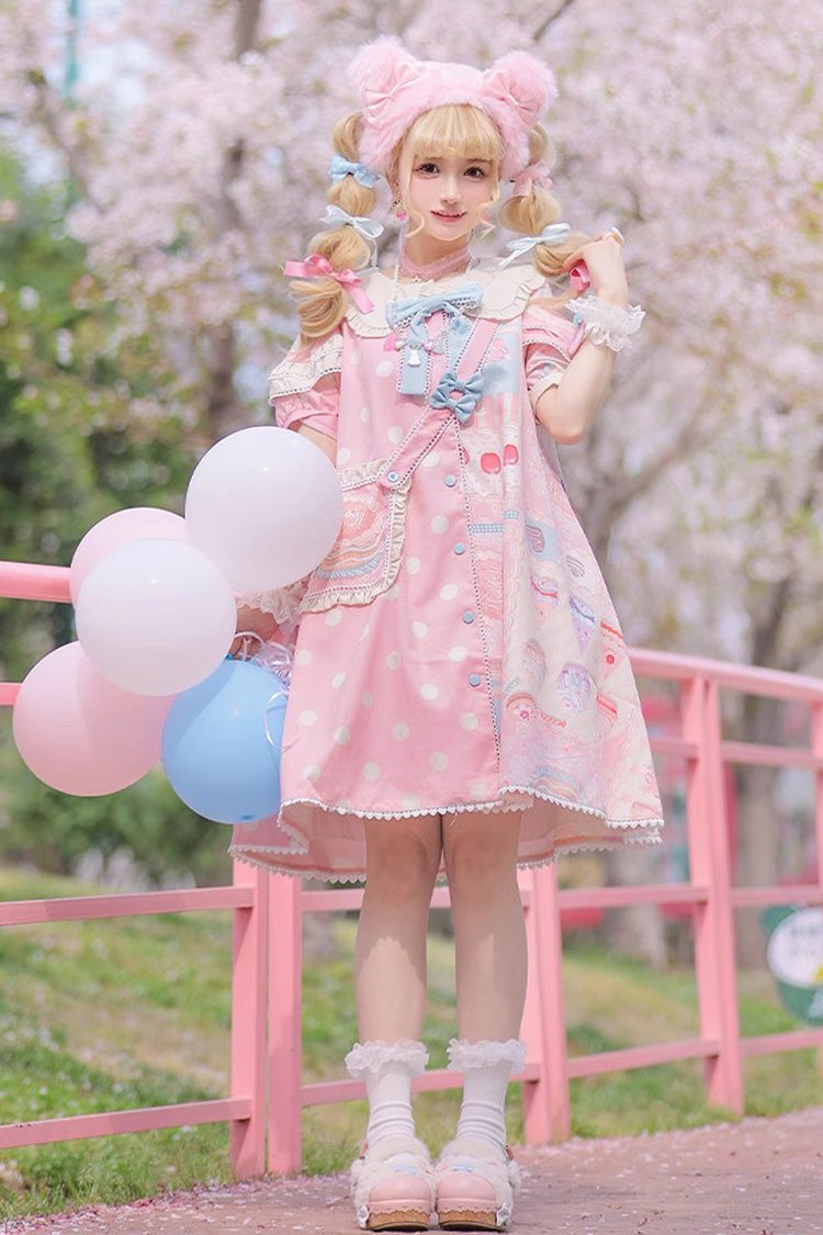 Cake Chocolate Dessert Print Short Sleeves Ruffle Bowknot Sweet Lolita Dress 2 Colors - Product - 5