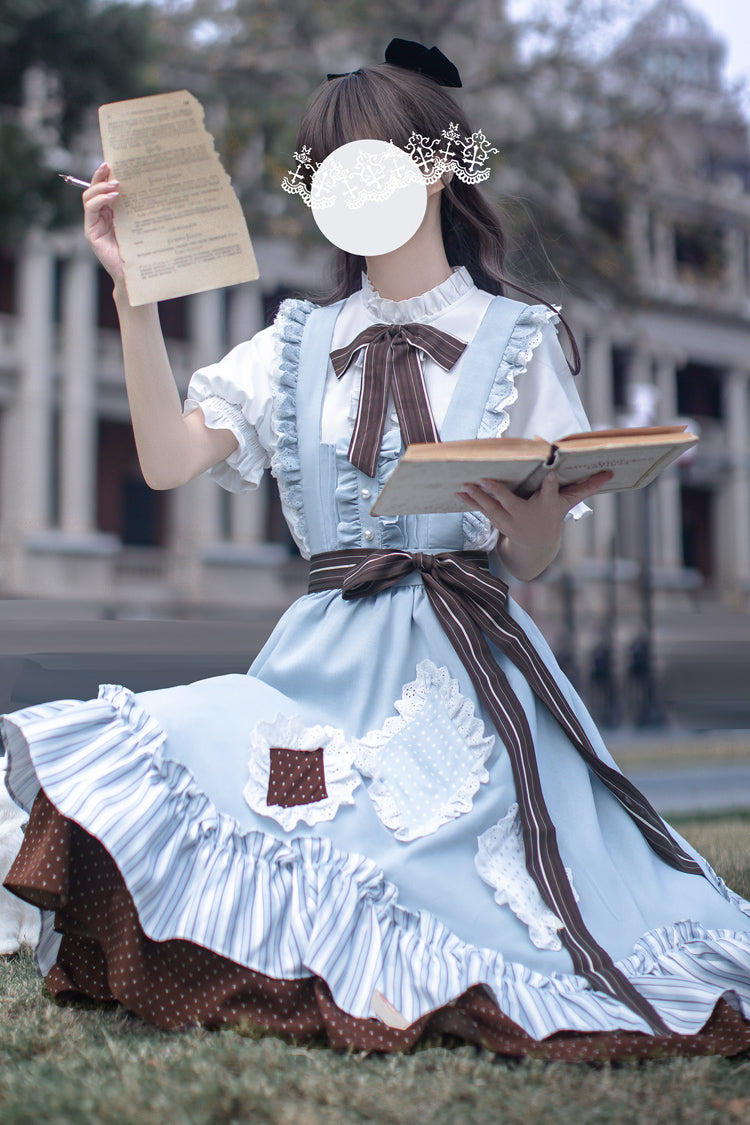 Blue [Magic Vocal Club] Sleeveless Print Ruffle Bowknot Sweet Alice College Style Elegant Lolita Jumper Dress - Product - 8
