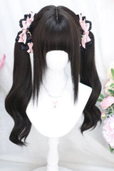 Black Tea Brown Sweet Lolita Long Curly Twin Tail Wig with Straight Bangs - Black-Tea-Brown - 1