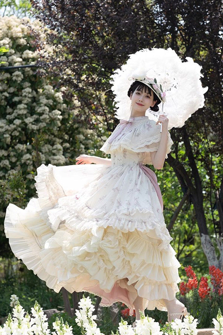 Multi-Color Bellflower Print Ruffle Lace Sweet Princess Lolita Dress - Product - 12