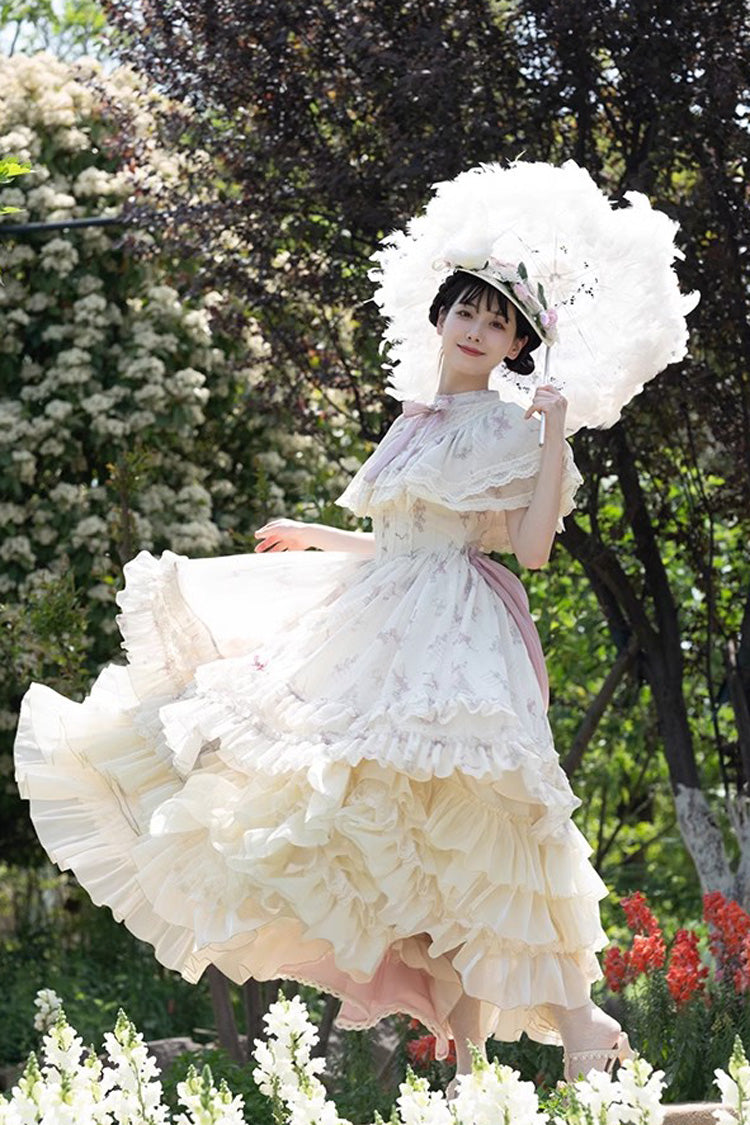 Multi-Color Bellflower Print Ruffle Lace Sweet Princess Lolita Dress - Product - 12