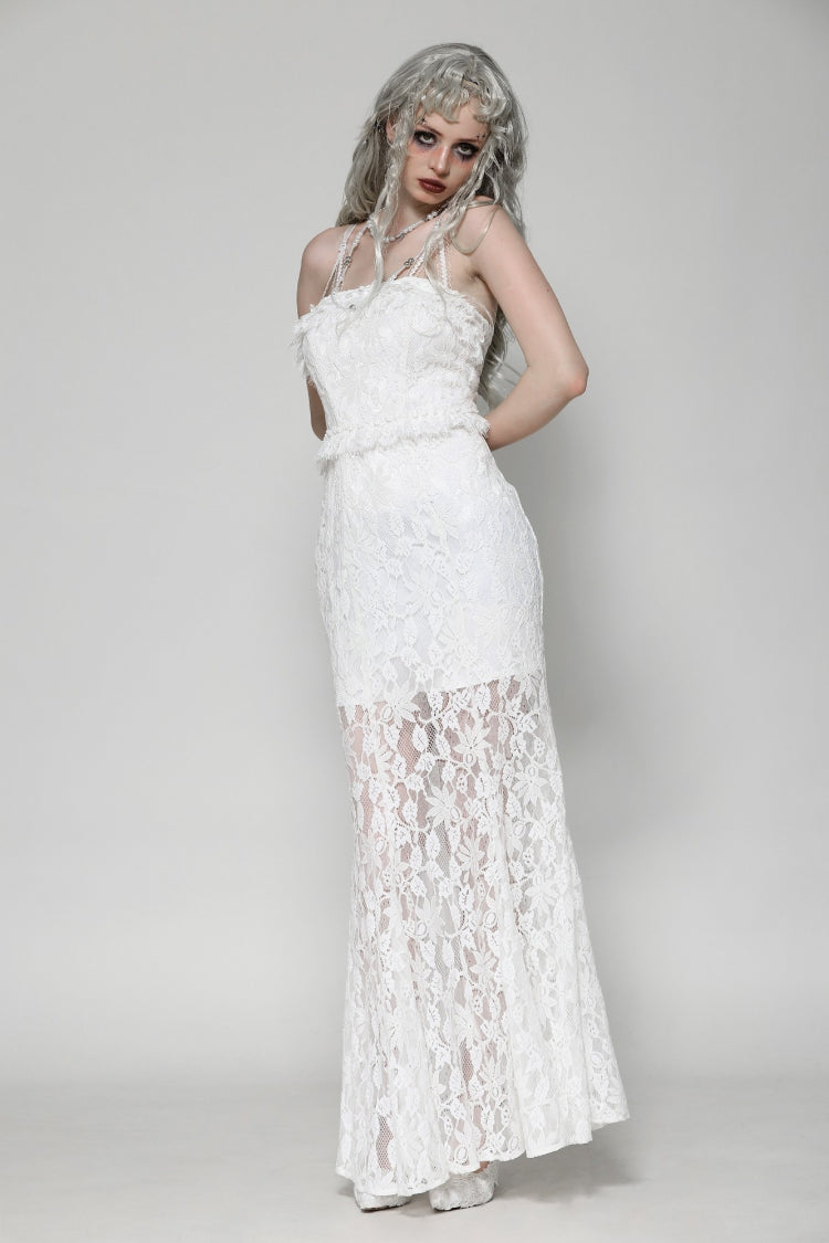White Sleeveless Pleated Lace Women's Gothic Slip Dress Wedding Dress - Product - 7