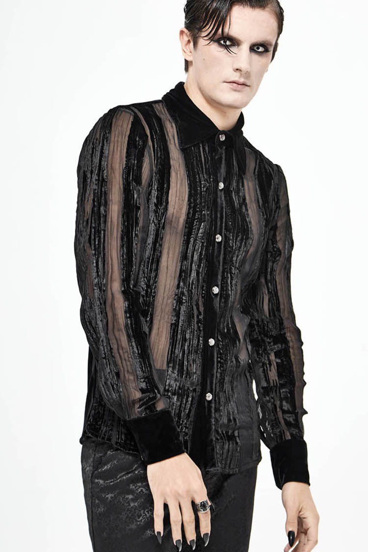 Black Striped Velvet Fold Mushroom Metal Buckles Long Sleeve Irregular Men's Gothic Shirt - Product - 5