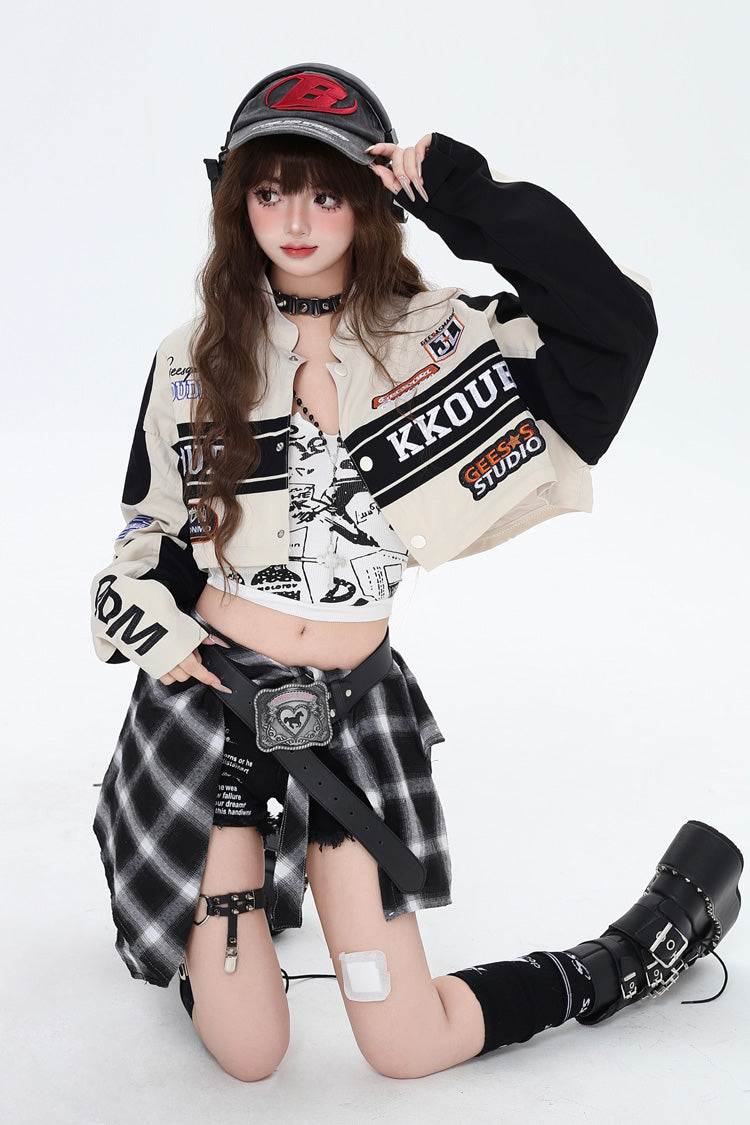 [Biker Girl] Long Sleeves Print Embroidery Zipper Detachable Jirai Kei Coat 3 Colors - Product - 19