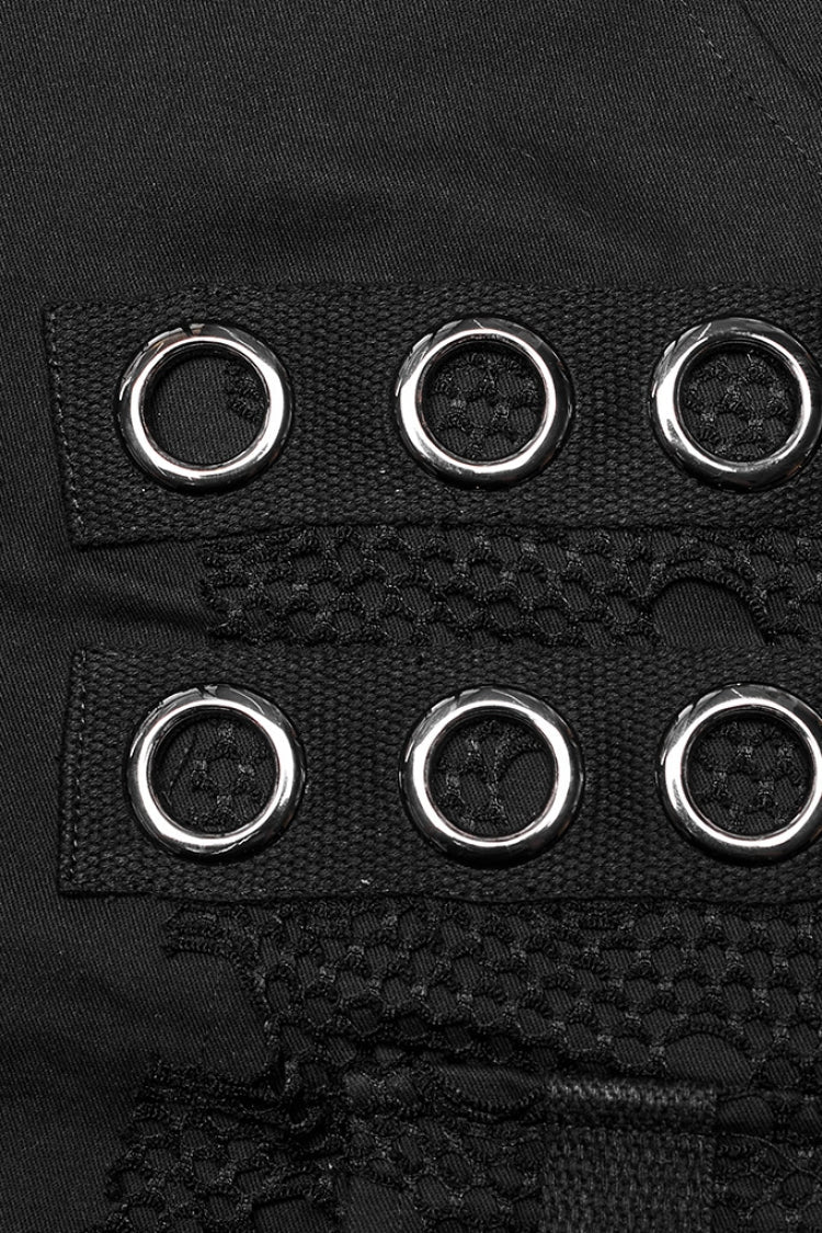 Black Stitching Mesh Metal Ring Decoration Men's Steampunk Pants - Product - 5