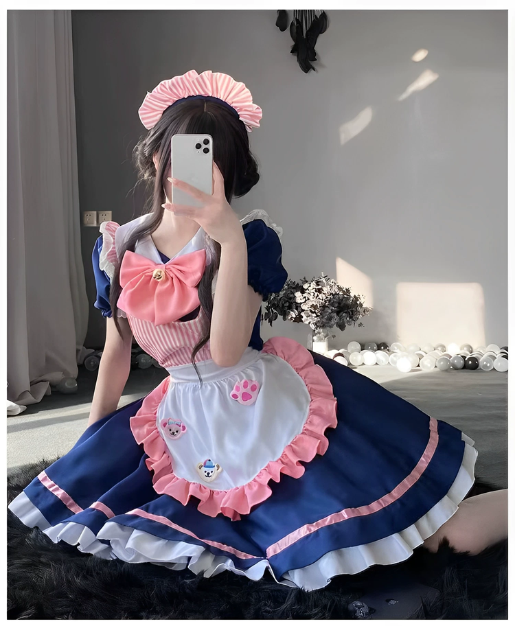 Black and Navy Blue Ruffled Maid Style Dress with Apron Bow Accent - view 5