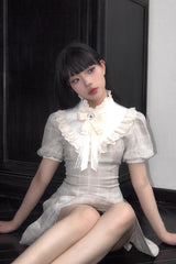 Apricot Short Sleeves Plaid Printed Lace Jirai Kei Japanese Dress - Product - 2