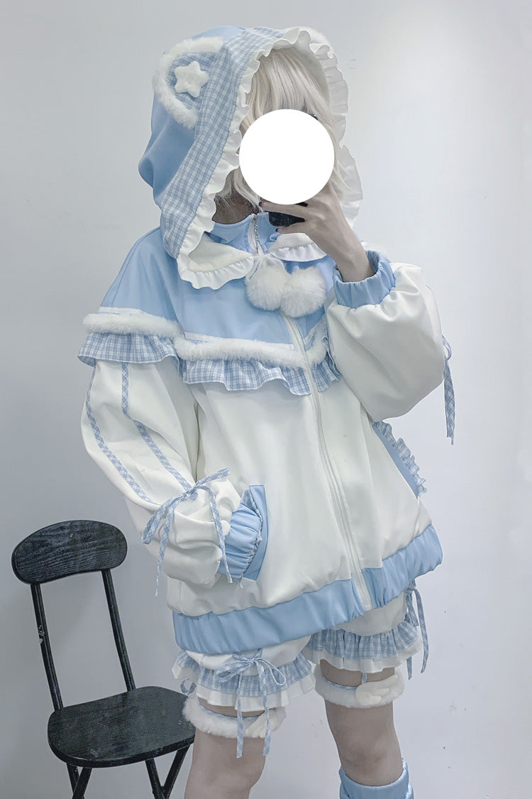 White/Blue [Sweet Star Bear] Long Sleeves Ruffle Hooded Japanese Jirai Kei Sports Coat - Product - 4