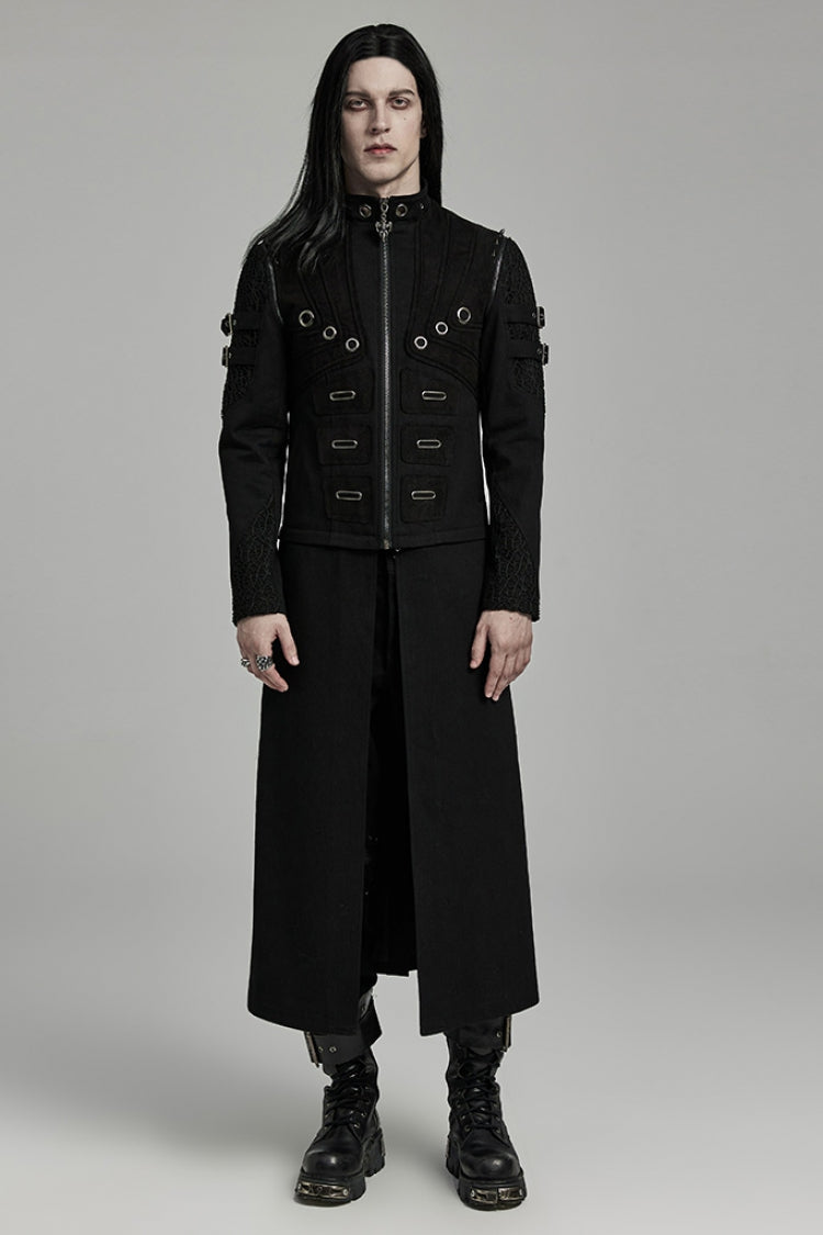 Black Stand Collar Detachable Versatile Men's Punk Coat - Black - 1