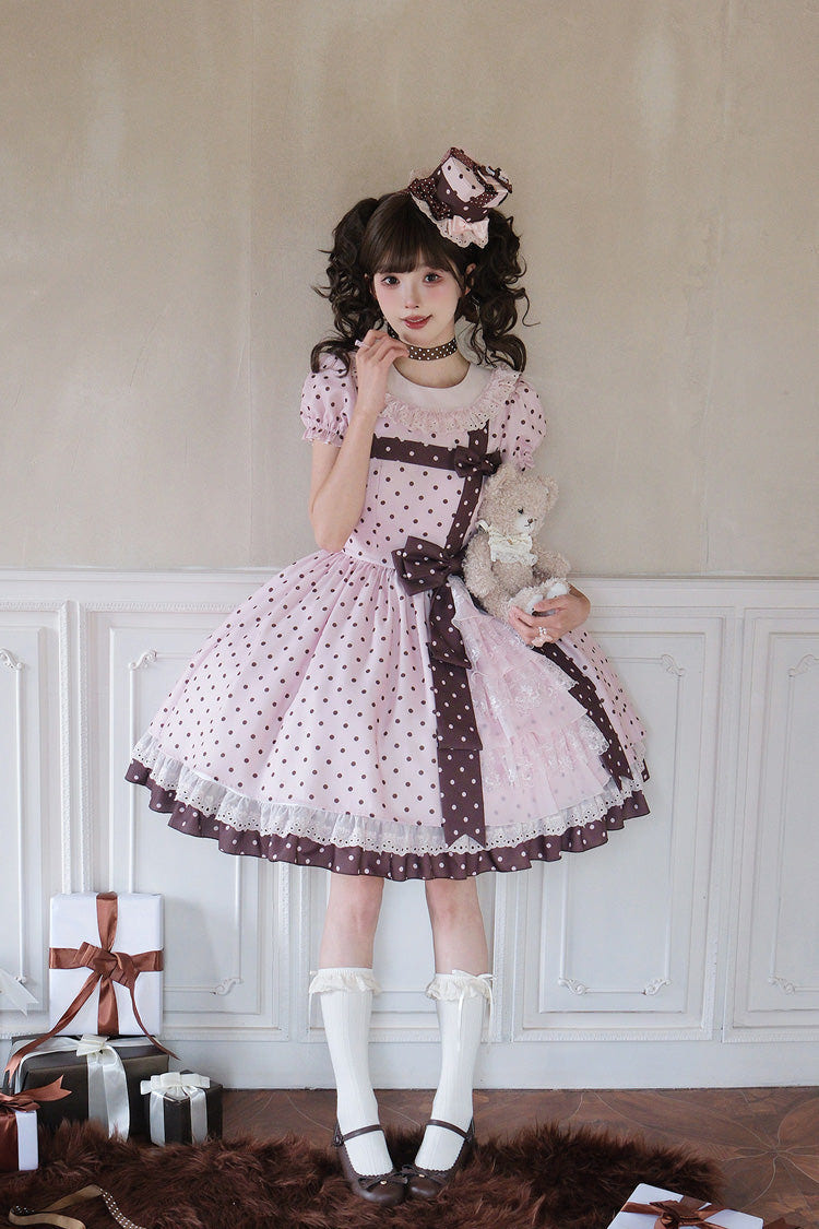 Pink [Canelé Gift Box] Round Collar Short Sleeves Double-Layered Printed Polka Dot Ruffled Open-Front Bow Asymmetric Sweet Lolita Dress - Product - 9