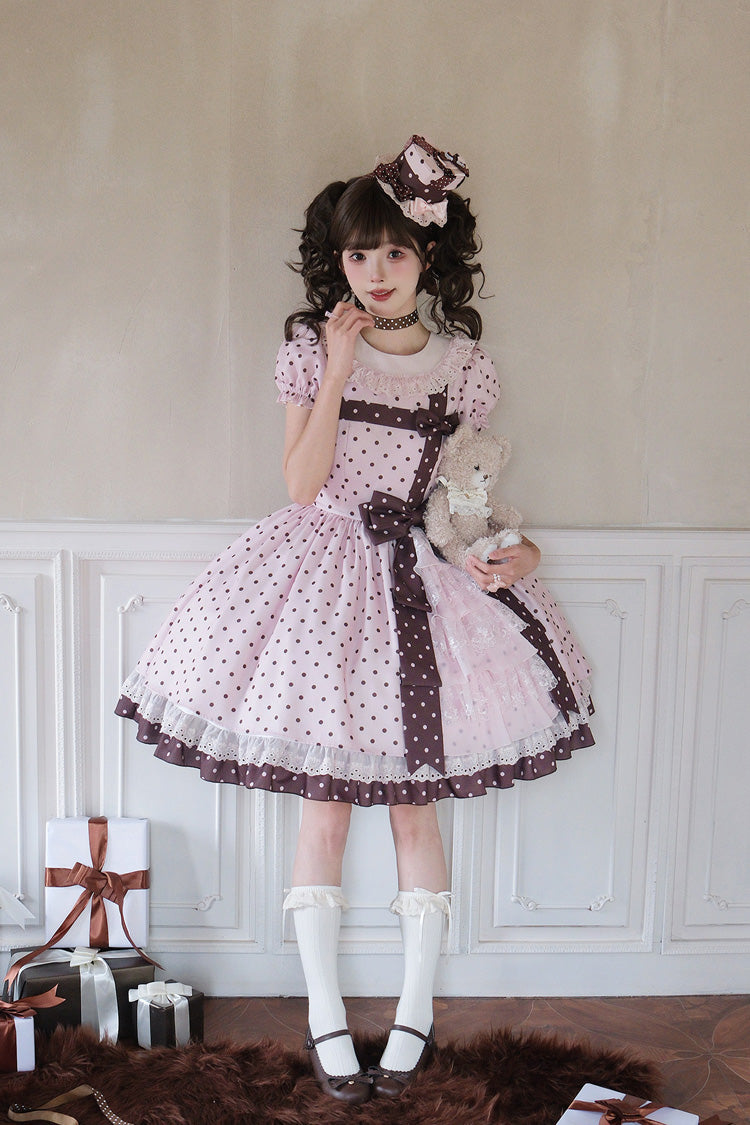Pink [Canelé Gift Box] Round Collar Short Sleeves Double-Layered Printed Polka Dot Ruffled Open-Front Bow Asymmetric Sweet Lolita Dress - Product - 9