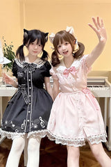 Black [Melody Kitty] Doll Collar Short Sleeves Ruffled Embroidered Bow Lace Sweet Lolita Dress - Product - 7