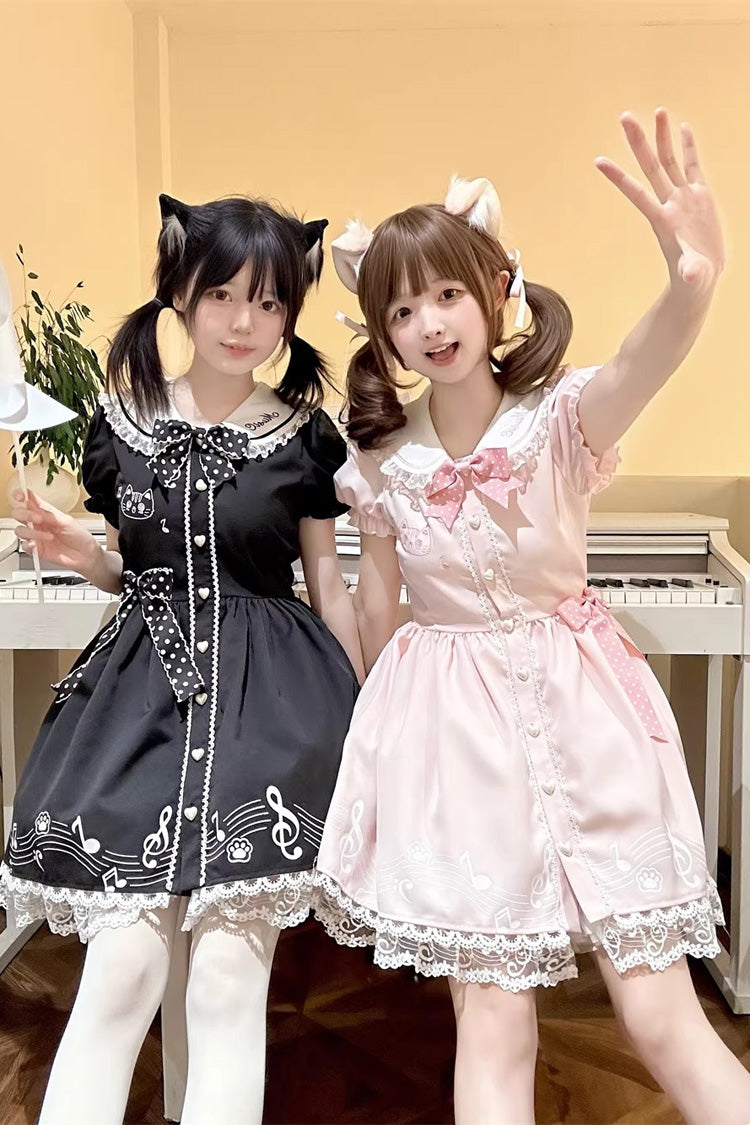 Black [Melody Kitty] Doll Collar Short Sleeves Ruffled Embroidered Bow Lace Sweet Lolita Dress - Product - 7