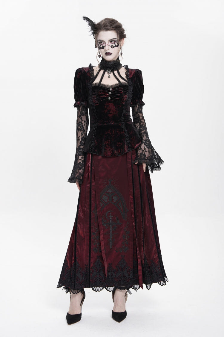 Red  Long Trumpet Sleeves Lace Mesh Faux Two-Piece Pleated Eyelet Women's Gothic Palace Velvet Blouse - Product - 6