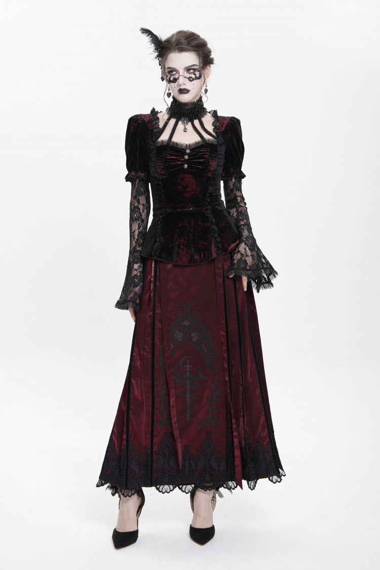 Red  Long Trumpet Sleeves Lace Mesh Faux Two-Piece Pleated Eyelet Women's Gothic Palace Velvet Blouse - Product - 6