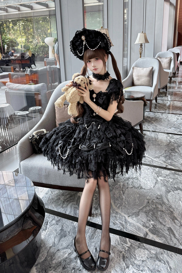 Black [Cloudborne Snowfeather] Sleeveless Multi-Layered Hanayome Bowknot Pearl Gothic Lolita Jsk Dress - Product - 5