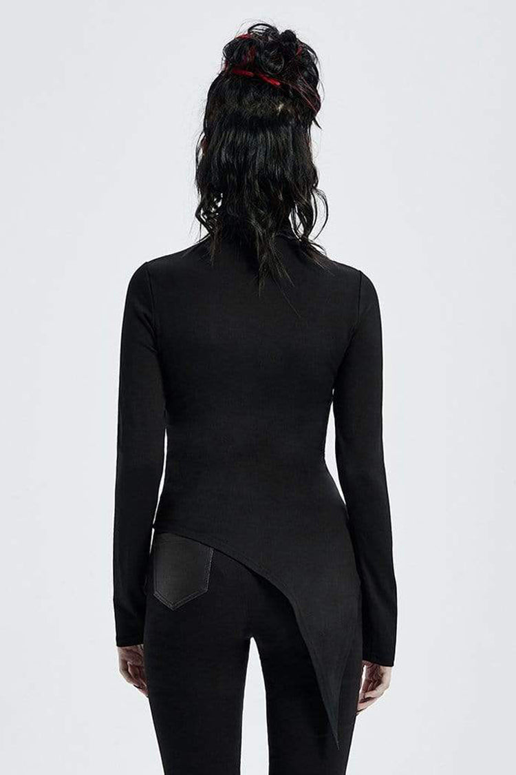 Black High Collar Long Sleeve Front Metal Ring Woven Tape Decoration Irregular Hem Women's Punk T-Shirt - Product - 3