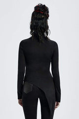 Black High Collar Long Sleeve Front Metal Ring Woven Tape Decoration Irregular Hem Women's Punk T-Shirt - Product - 3
