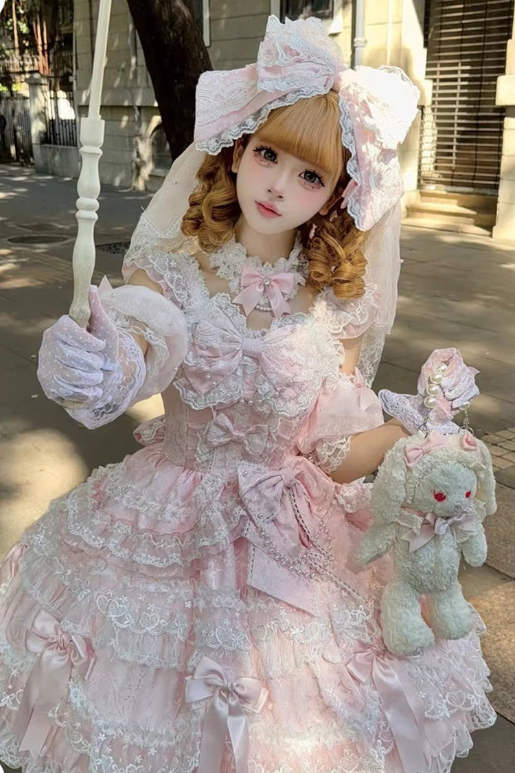 Pink Dream of the Misty Moon Sleeveless Multi-Layered Ruffled Bow Lace Pearl-Decorated Sweet Princess (Dress Only) detail view 2