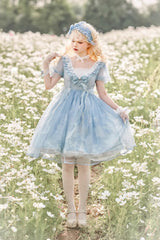 Blue High Waisted Planet Butterfly Print Ruffle Lace Sweet Lolita Dress - Product - 7