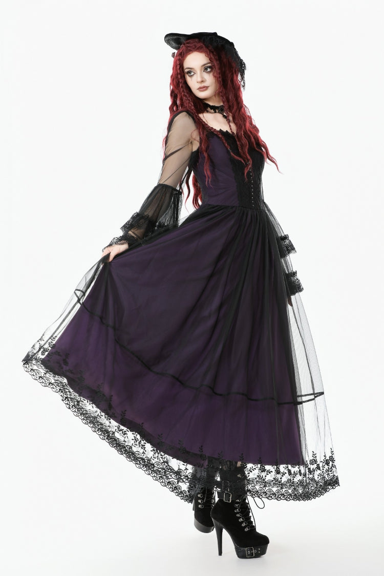 Purple Sheer Lace Square-Cut Collar Double-Layered Long Flared Sleeves  Lace-Up Women's Gothic Maxi Dress - Product - 7
