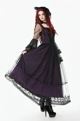 Purple Sheer Lace Square-Cut Collar Double-Layered Long Flared Sleeves  Lace-Up Women's Gothic Maxi Dress - Product - 7