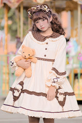 Beige Round Collar Lantern Sleeves Cute Bear Sweet Lolita OP Dress - Product - 5