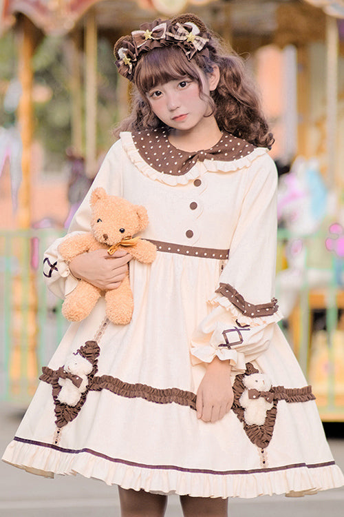 Beige Round Collar Lantern Sleeves Cute Bear Sweet Lolita OP Dress - Product - 5