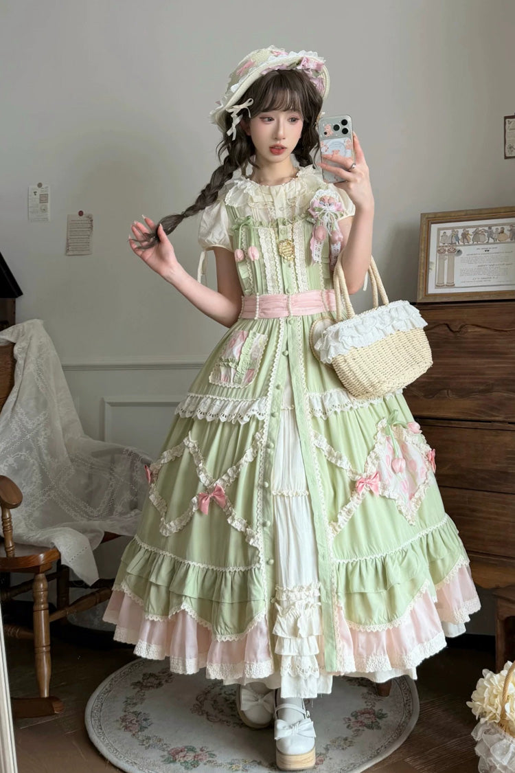 Green [Tulip Blossom Field] Multi-Layered Pastoral Style Ruffled Open-Front Bow Sweet Lolita Jsk Dress - Green - 1