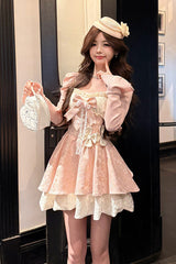 Pink [Honeyed Blossoms] Square Collar Long Sleeves Double-Layered Printed Ruffled Bow Sweet Lolita Dress and Cardigan Set - Product - 3