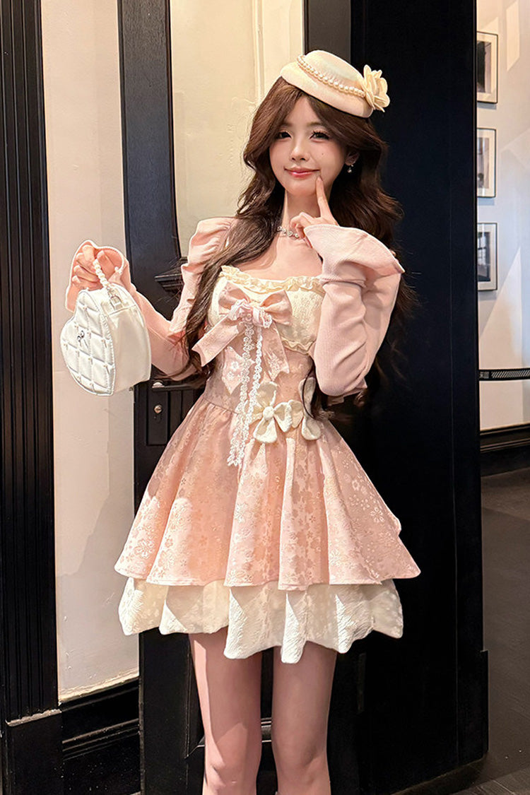 Pink [Honeyed Blossoms] Square Collar Long Sleeves Double-Layered Printed Ruffled Bow Sweet Lolita Dress and Cardigan Set - Product - 3